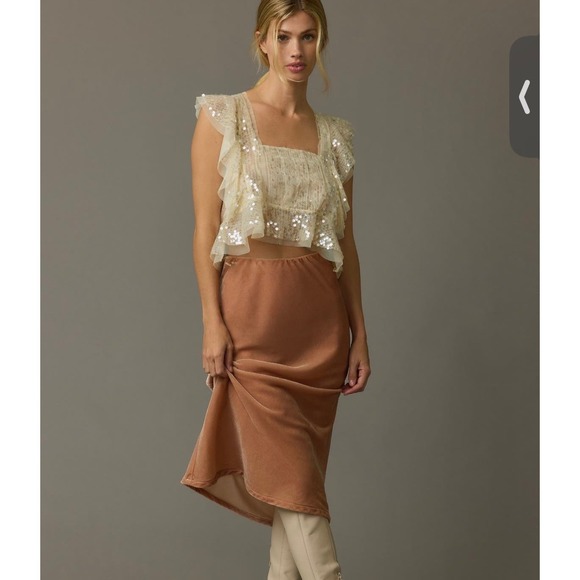 ANTHROPOLOGIE Sequin Ruffled Tank Size M Buttery Cream Party Blouse MSRP $98 - Picture 2 of 10